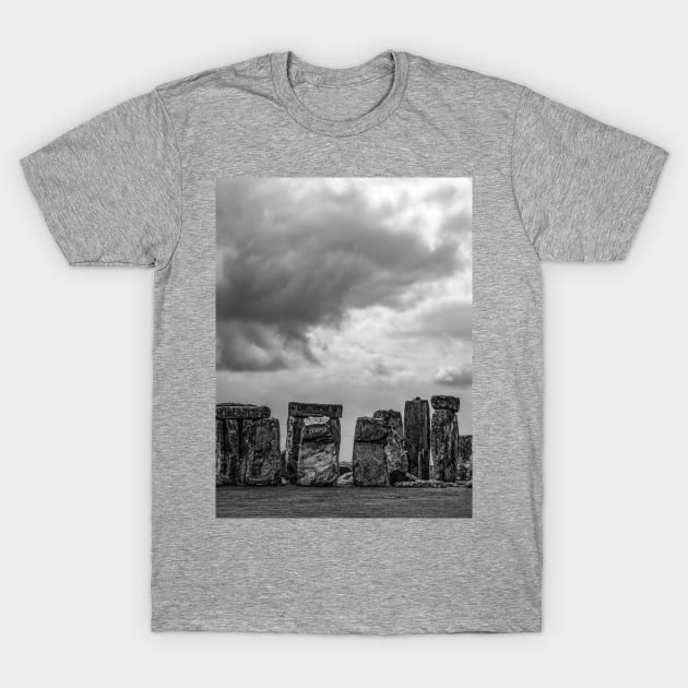 Cloudy Turmoil Above Stone Henge - BW T-Shirt by BrianPShaw